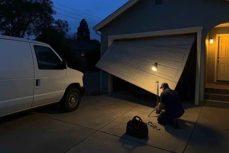Emergency garage door repair by Santos & Sons in Berkeley, technician arriving for urgent service