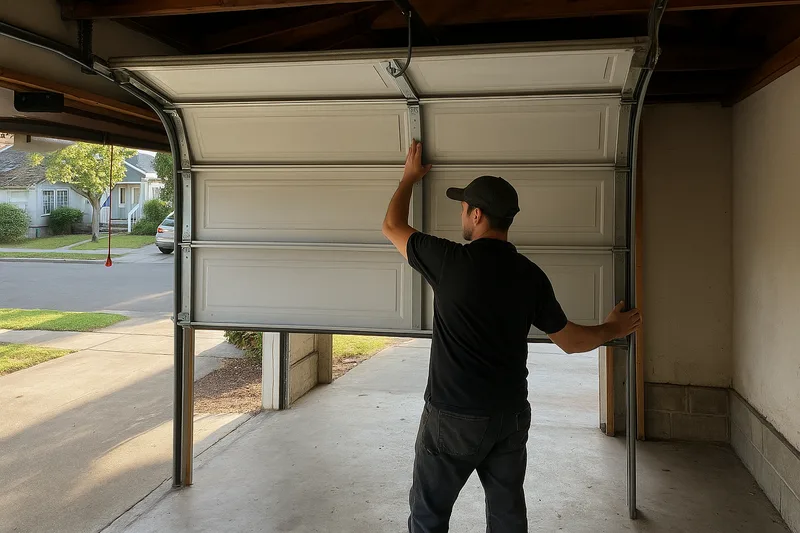 Garage door balance test by Santos & Sons in Berkeley, technician manually testing door weight distribution