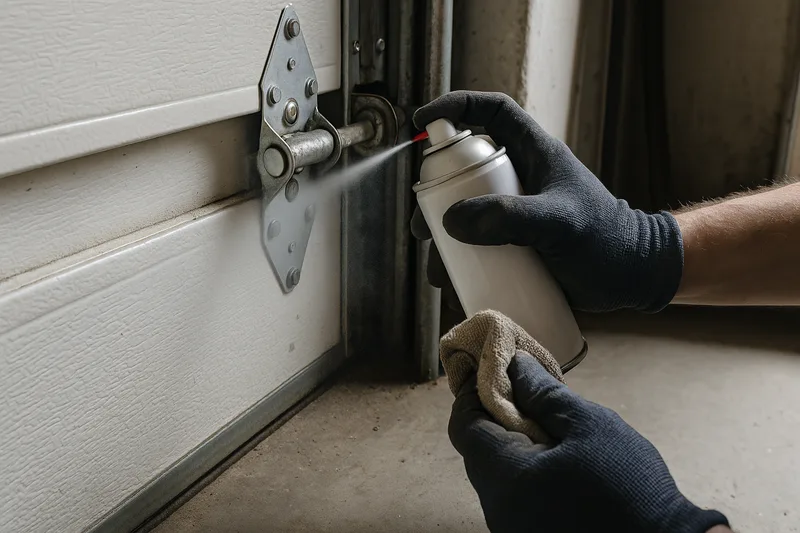 Garage door lubrication service in Berkeley, Santos & Sons technician applying lubricant to rollers and hinges