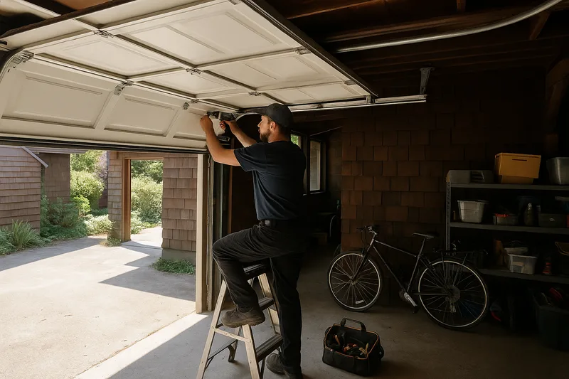 Santos & Sons garage door repair technician servicing a residential garage door in Berkeley, CA