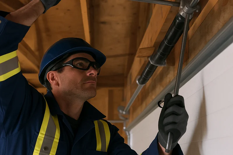 Santos & Sons garage door repair technician servicing a residential garage door in San Mateo, CA