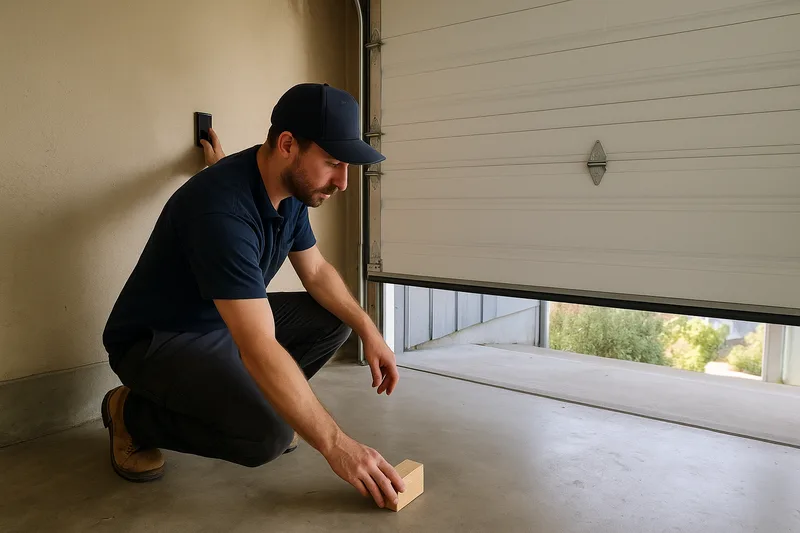 Garage door safety inspection by Santos & Sons in Berkeley, technician testing auto-reverse sensors