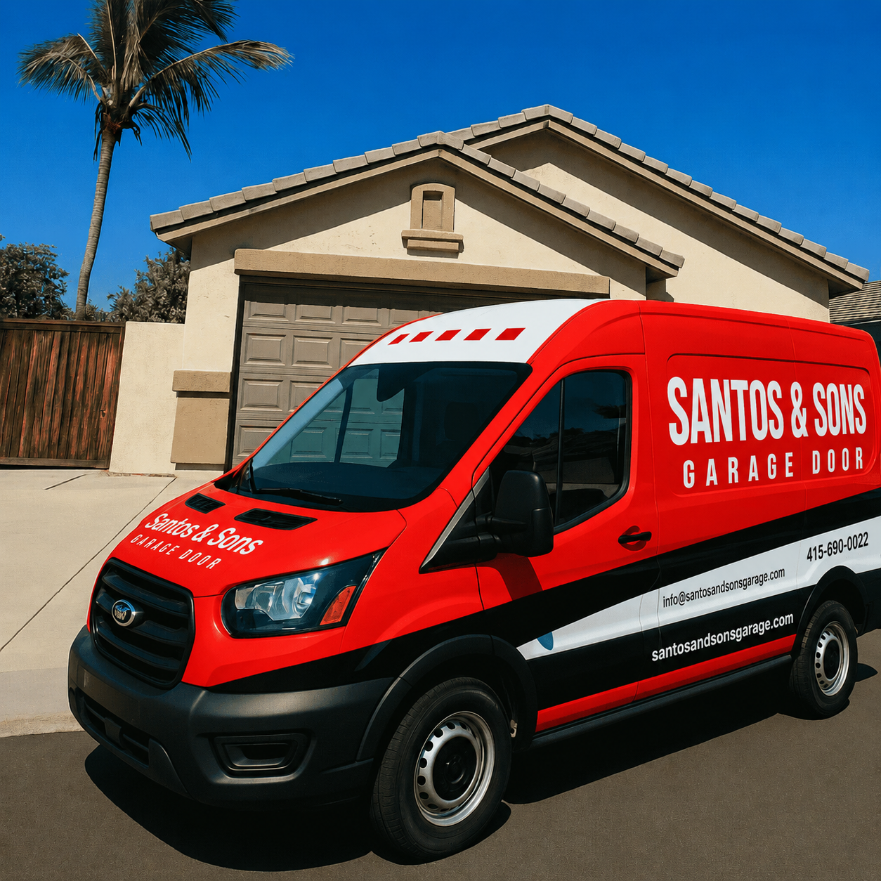 Santos and Sons garage door service van in Berkeley, CA