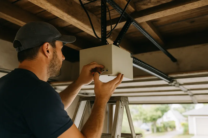 Garage door opener maintenance service in Berkeley, Santos & Sons technician servicing belt-drive opener