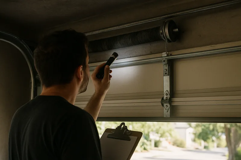 Garage door spring and cable inspection in Berkeley by Santos & Sons, close-up of torsion spring system
