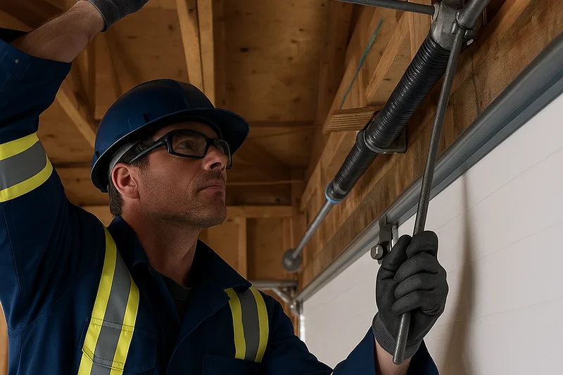 Garage door spring and cable inspection in San Mateo by Santos & Sons — close-up of torsion spring system