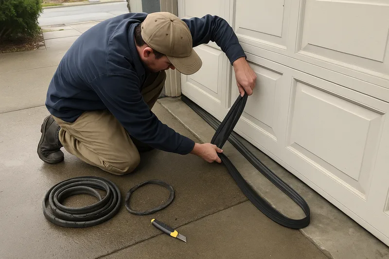 Garage door weather seal replacement by Santos & Sons in Berkeley, new bottom seal installation